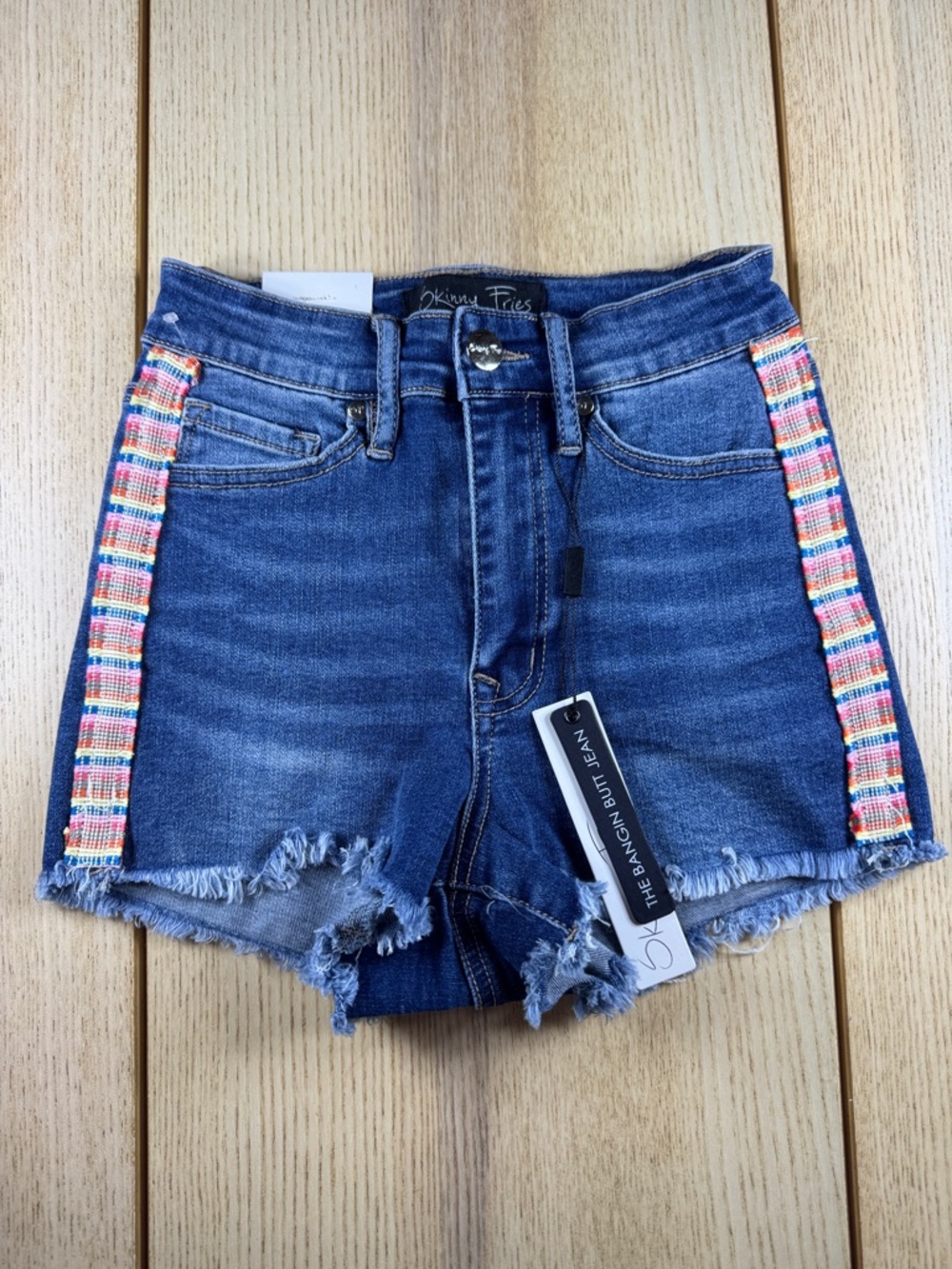 Skinny Fries Blue Denim‎ Shorts with Multicolor Side Trim